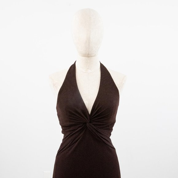 Vintage Y2K 4 Asymmetrical Halter Dress Brown - Picture 6 of 8
